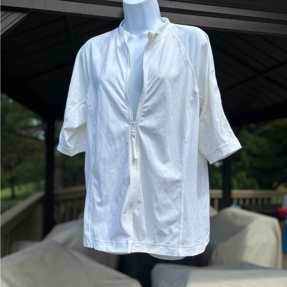 Lands' End Classic White 3/4 Sleeve Zip-Up Top, Size: 18